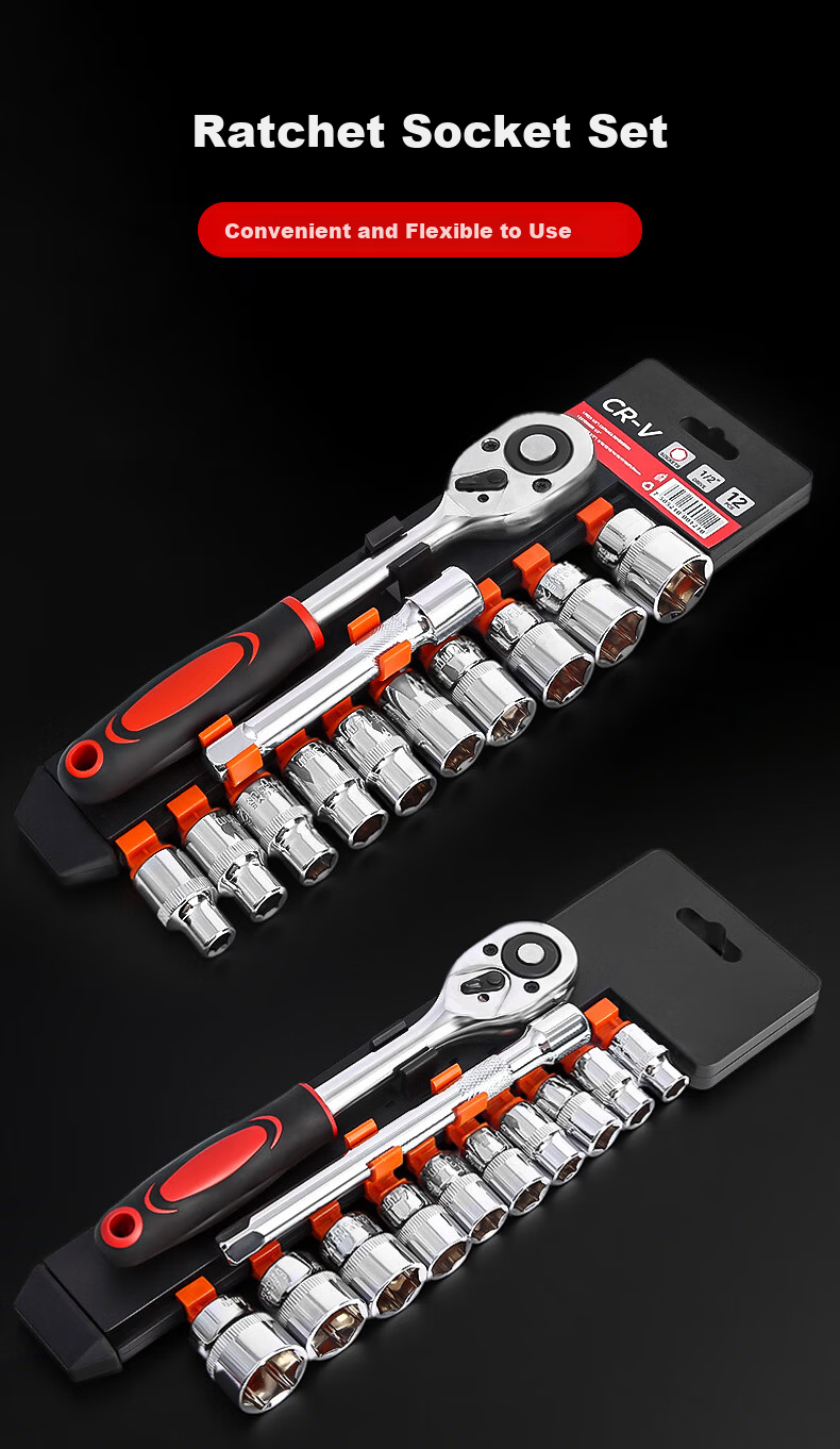Fengshang 23-Piece Ratchet Socket Wrench Set Household Quick Auto Repair Tool Kit Bent Handle 72-Tooth 1/2" Large Drive Chrome Vanadium Steel 1
