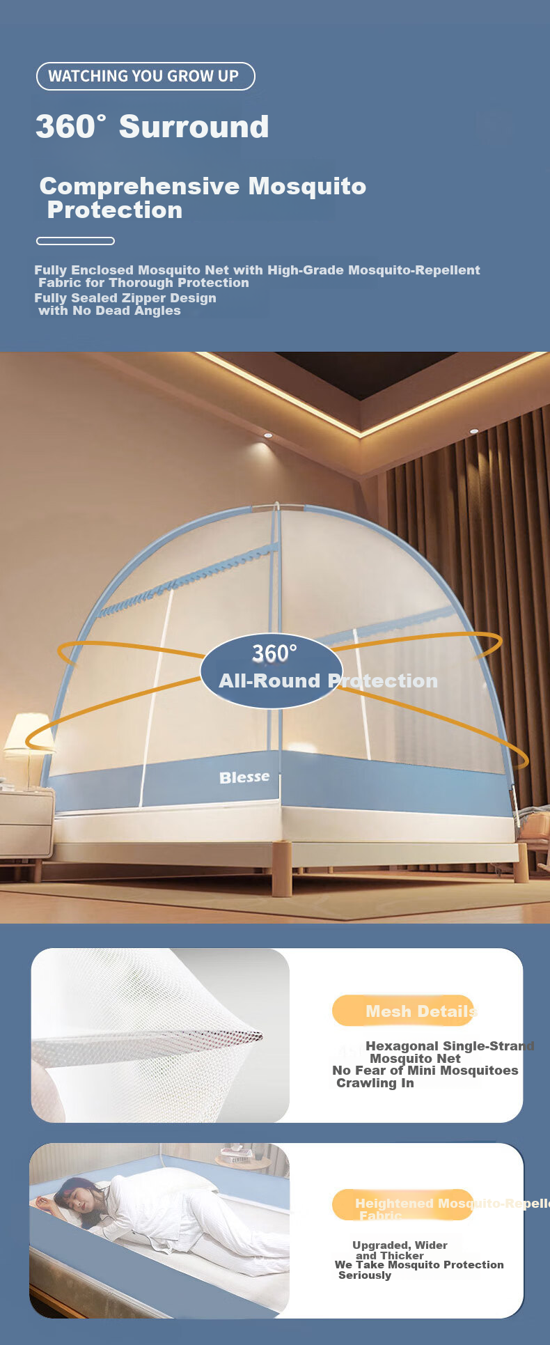 Nanjiren Kids and Adults Mosquito Net Mongolian Tent No-Installation Mosquito Net Frame 1.8x2m Home Bedroom Anti-Fall Foldable 5