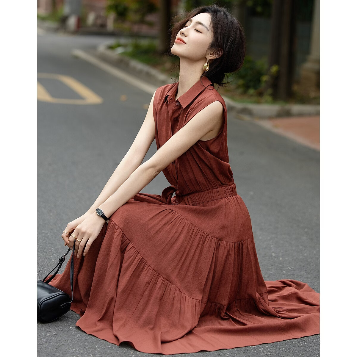 Demana "Dancing with the Wind" Summer Faux Two-Piece Sleeveless Waist-Cinching Slim A-Line Dress for Women, Mid-Length, Office Wear