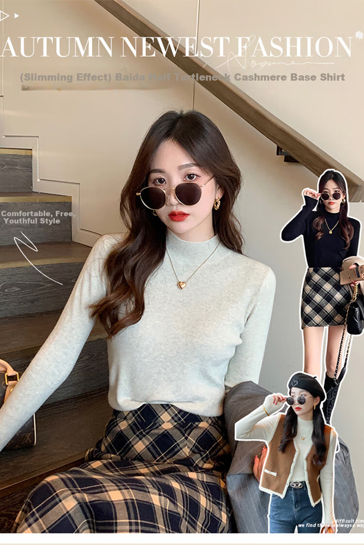 MiiOW Women's Knitted Long Sleeve Semi-Turtleneck Base Layer Sweater Autumn Winter 2025 New High-End Mid-Neck Top 1