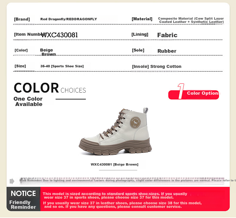 RED DRAGONFLY Women's Martin Boots British Style Thick Sole Height Increasing Slimming Street High Top Versatile Boots WXC430081 2