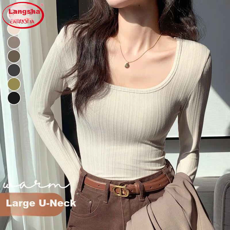 Langsha Women's Base Layer Spring Autumn 2026 New Slim Fit Stylish U-Neck Long Sleeve T-Shirt Versatile Outerwear Top