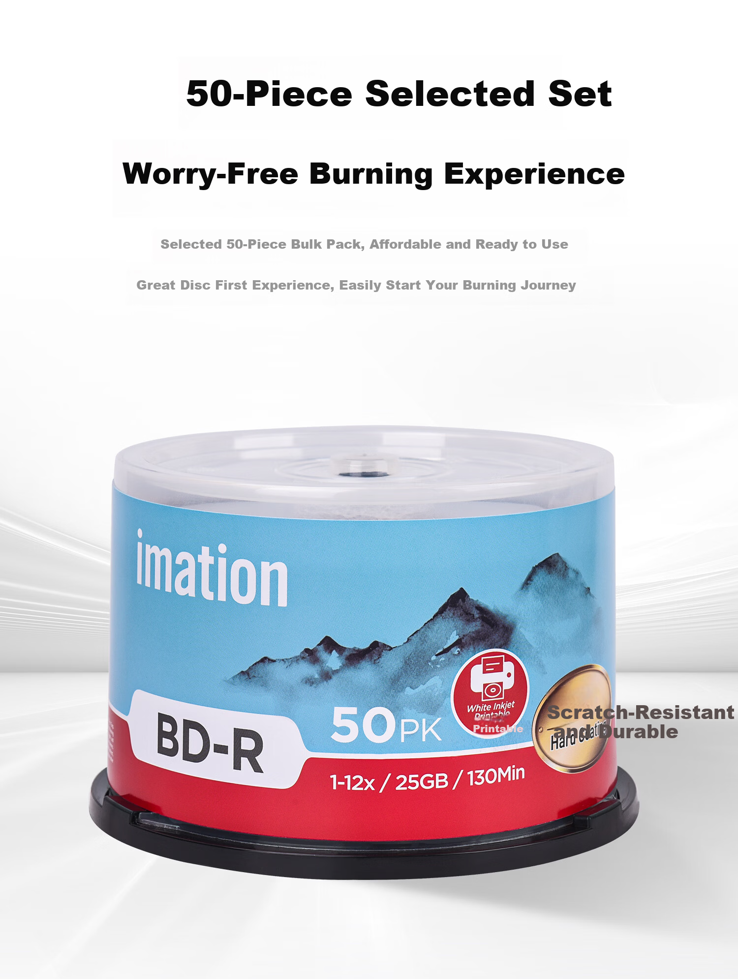 IMATION Laide BD-R Blu-ray 25GB 12X High Capacity Waterproof Quick-Dry Printable Blank Disc Customizable Surface Video Archive Storage 50-Pack Spindle 5