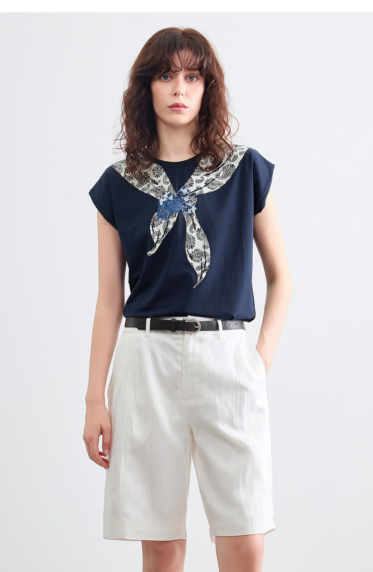 Demana [Cooling Black Technology Sorona] Summer Vintage Floral Bow Tie Round Neck Short Sleeve Loose Women's T-Shirt 18