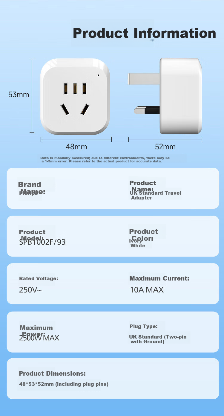 PHILIPS 30W Fast Charging UK Plug Power Strip Adapter British Hong Kong Singapore Dubai Malaysia 3-Socket 1.5m with USB 9
