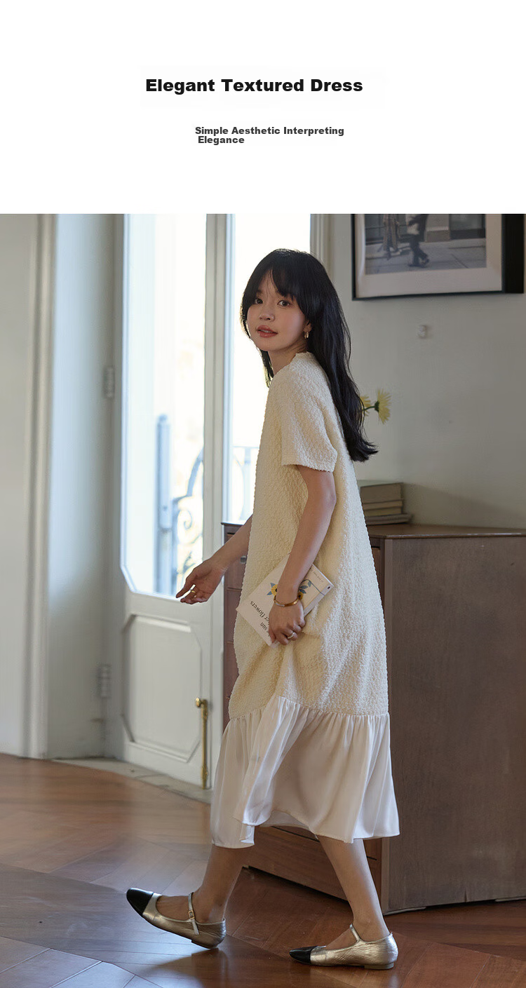 MT Oil Painting Gardenia Spring Gentle Wrinkle Texture Satin Patchwork Slimming Short Sleeve Mid-Length Dress for Women 2