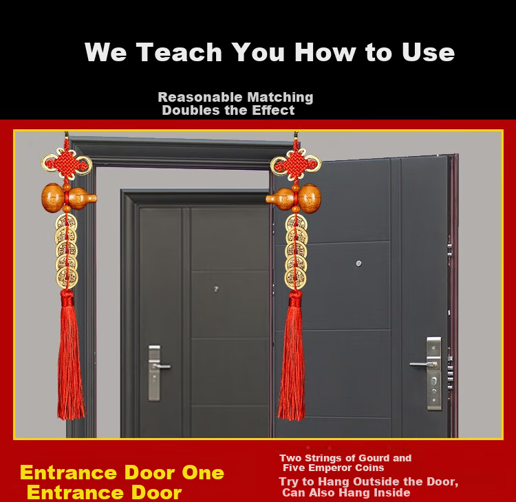 Feng Shui Pavilion Five Emperor Coins Door-to-Door Hanging Peach Wood Gourd Copper Coin Decoration for Main Door Bedroom Bathroom 3