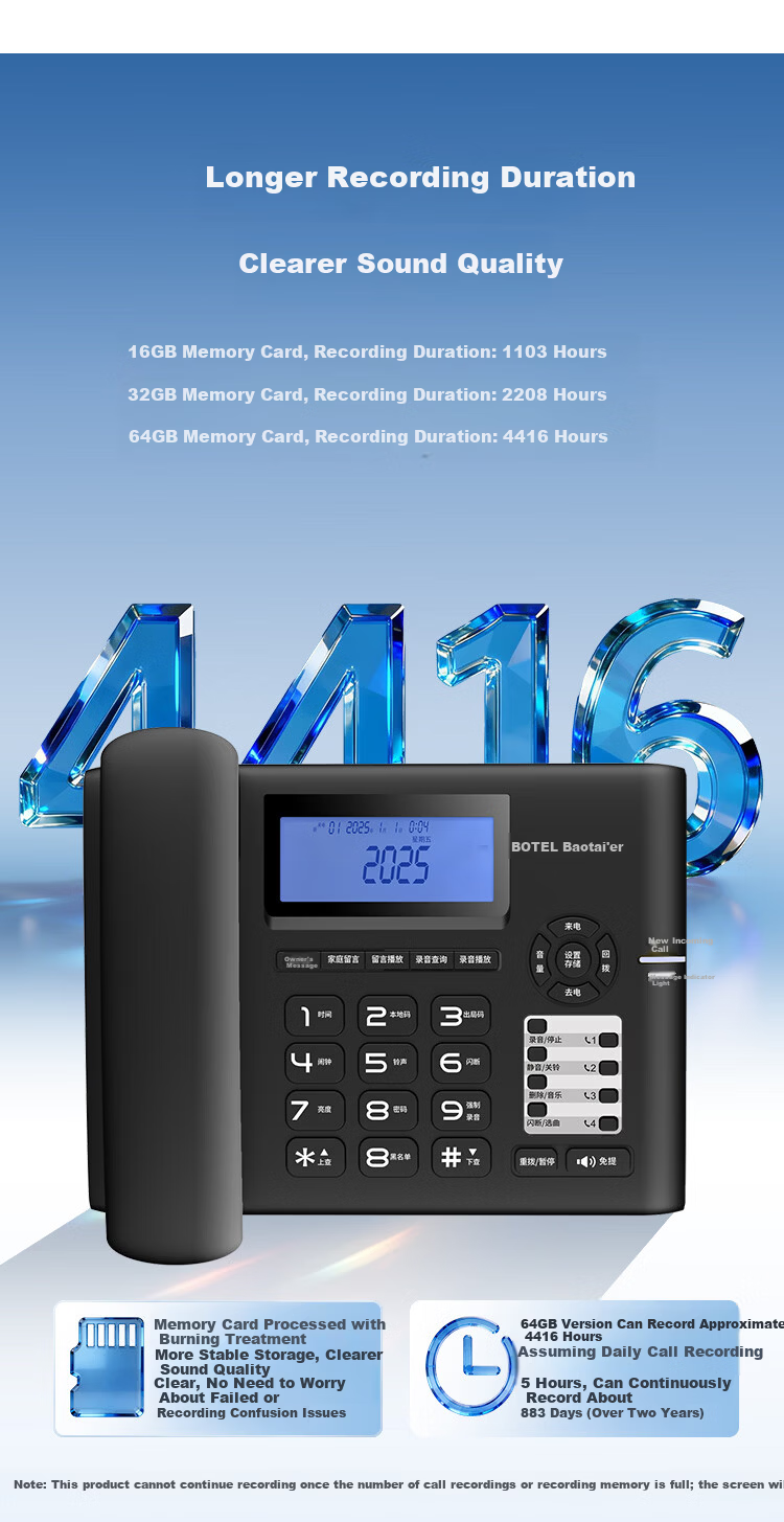 Baotair Recording Telephone 2200 Hours Fixed Desk Phone Office Home Automatic Manual Recording Answering Machine USB Export 32GB Storage T889 White 4