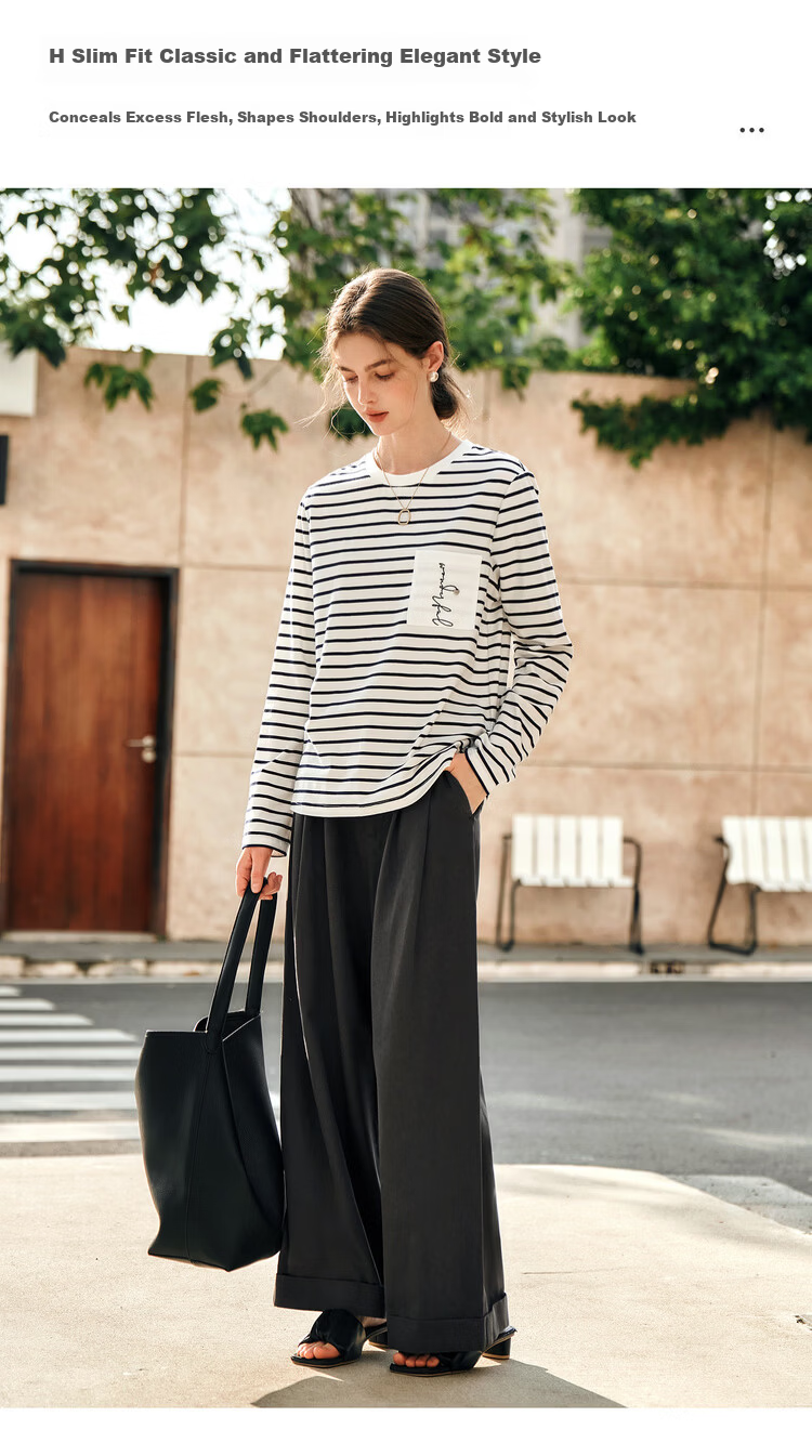Olrain Eurier Women's Striped Long Sleeve T-Shirt Spring Design Pocket Embroidery Top Striped (Upgraded) XL 6