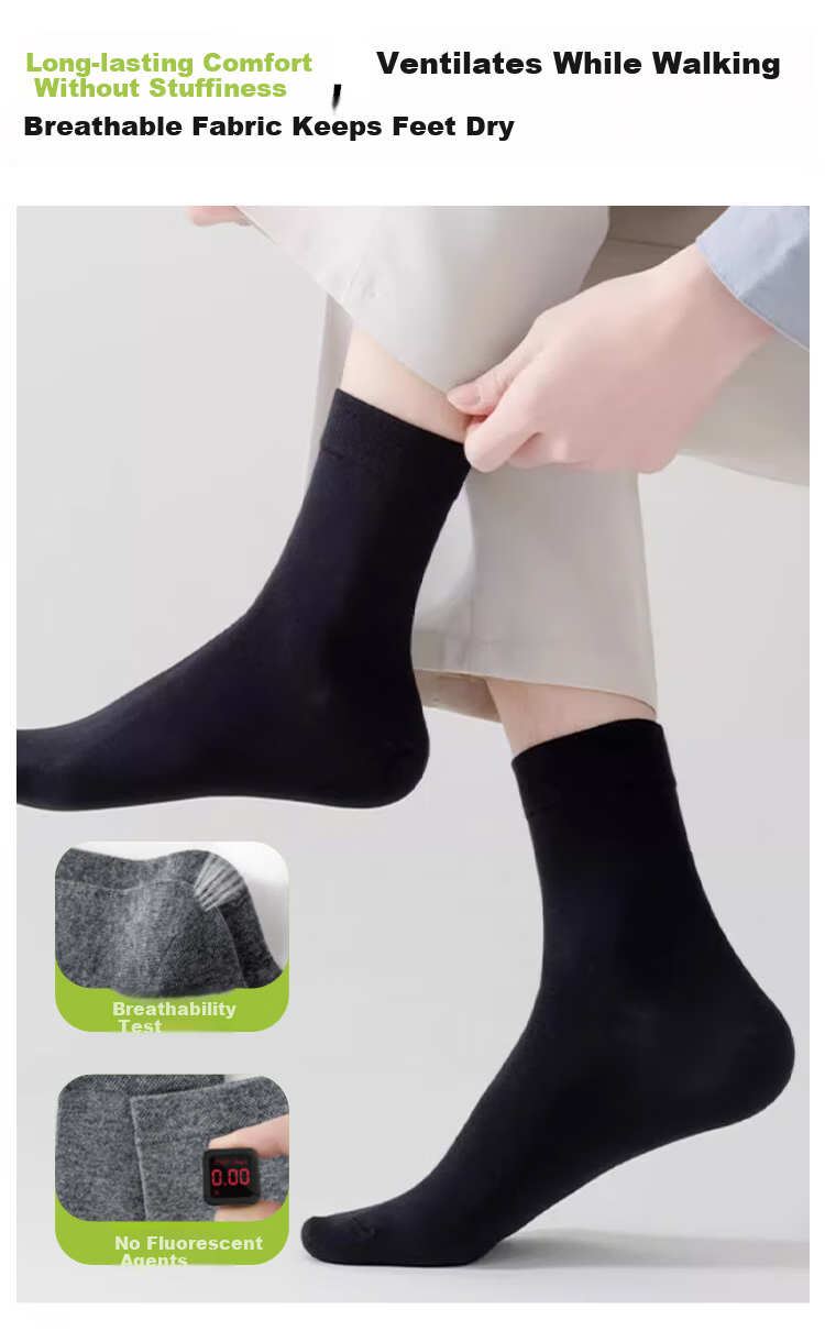 Langsha Men's Socks 100% Cotton Autumn Winter Comfortable Mid-Calf Antibacterial Versatile Boxed Black Business Socks 8