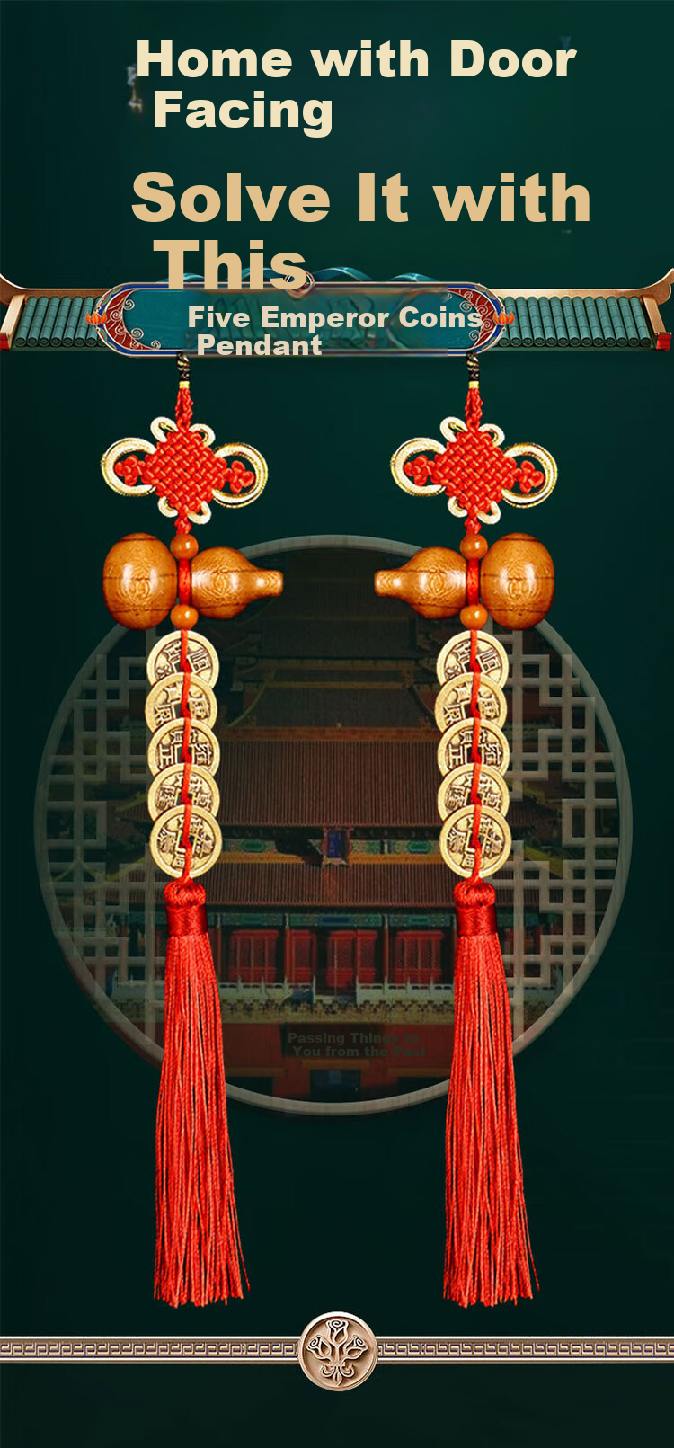 Feng Shui Pavilion Five Emperor Coins Door-to-Door Hanging Peach Wood Gourd Copper Coin Decoration for Main Door Bedroom Bathroom 1