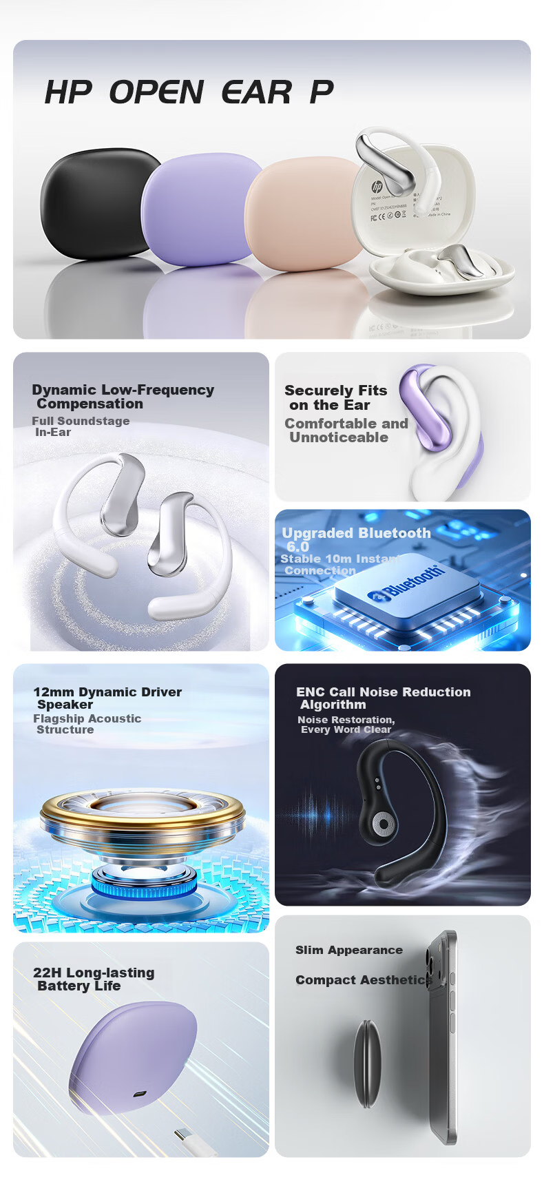 HP Open Ear S Sports Bluetooth Earphones Ear-Hook Running Waterproof Bone Conduction Long Battery Life Bluetooth 6.0 Gaming Music Android Apple Universal Night Black 2