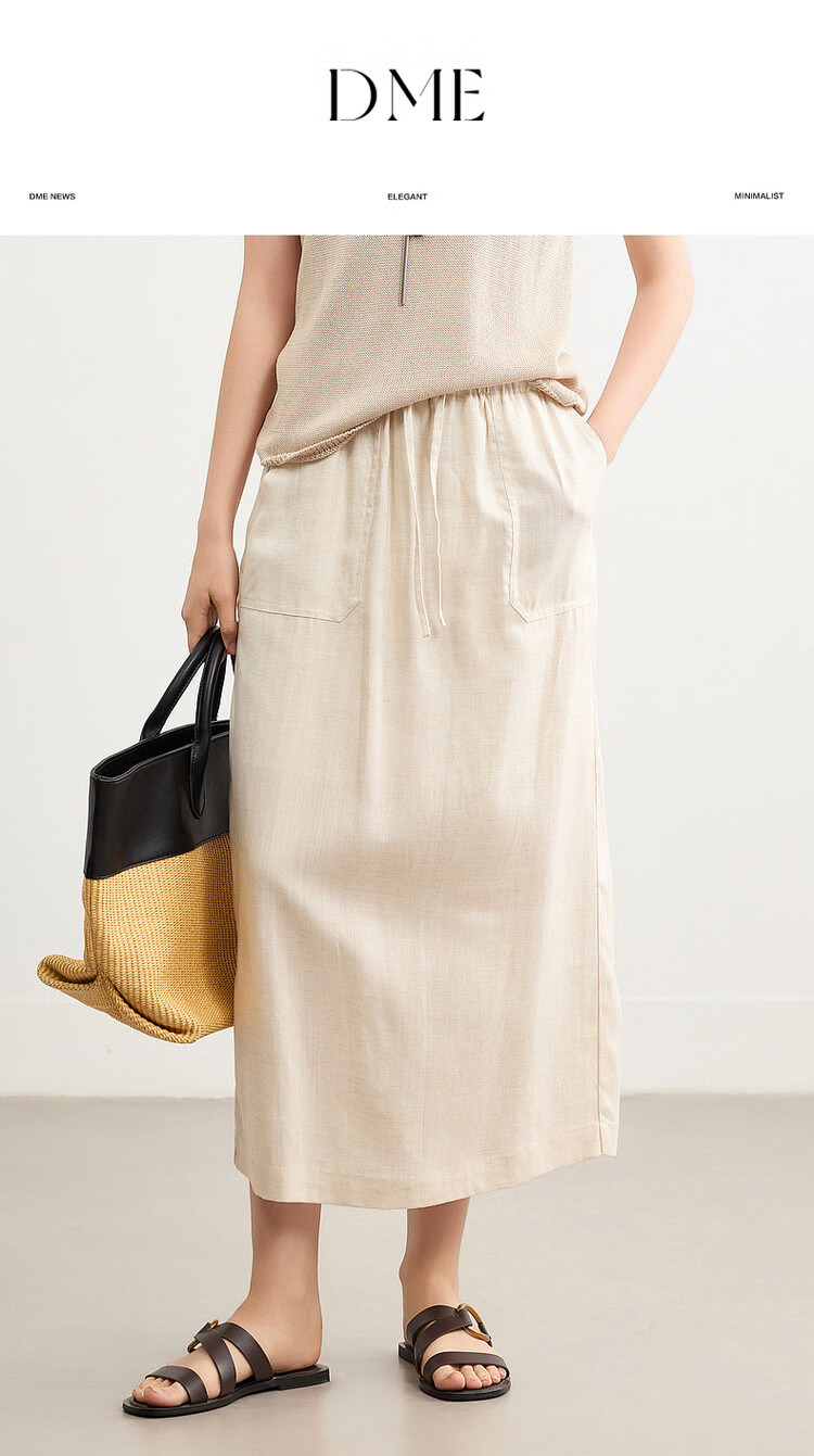Demana [with Linen Lyocell] Summer Minimalist Commuter Split Drawstring Elastic Waist Slimming Mid-Length Skirt for Women 1