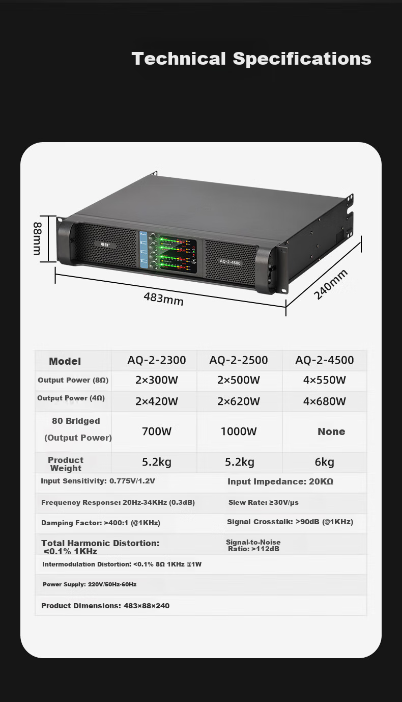 Weishu AQ-2-2500 Professional Two-Channel Digital Amplifier 500W*2 for Conference Audio Video Home Theater Stage Performance 10