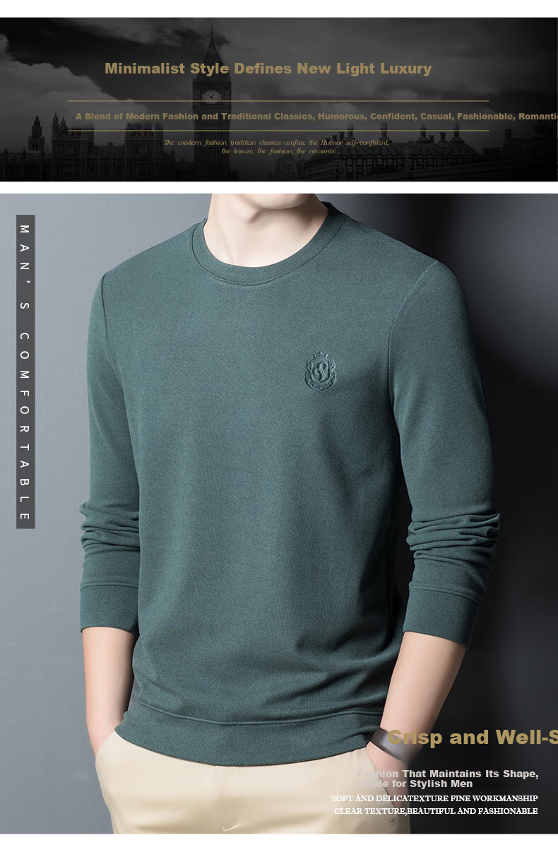 ROMON Men's Spring and Autumn Business Crew Neck Long Sleeve T-Shirt Quality Casual Base Shirt Jacket Men's 113 Green M 3