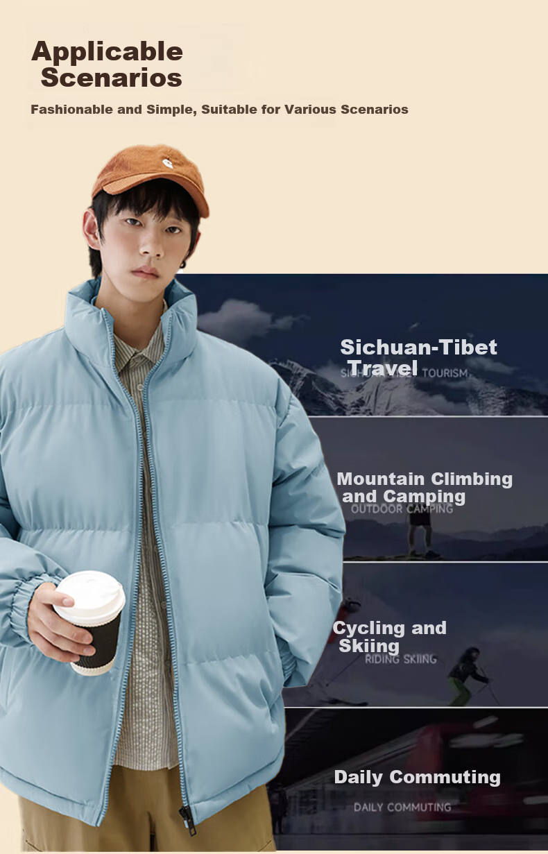 Jeanswest Men's 2025 New Thickened Stand Collar Puffer Jacket Winter Fleece Lined Warm Cotton Coat 5
