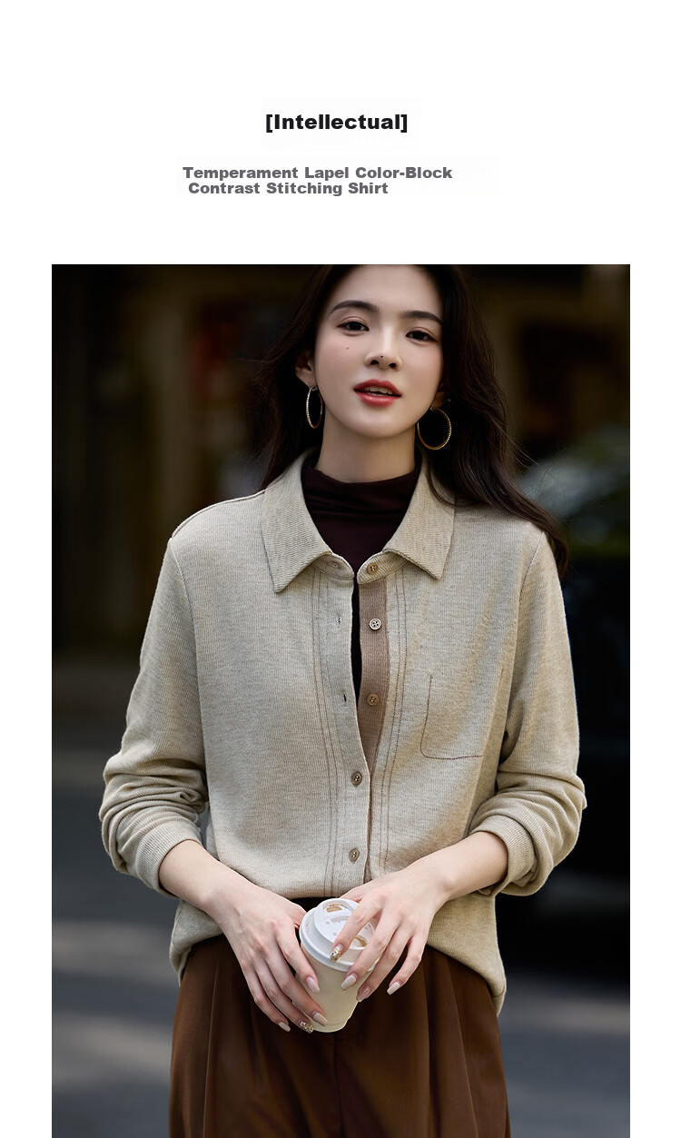 Dme Intellectual Style Spring Lapel Contrast Stitching Long Sleeve Shirt Colorblock Blouse Women's Top 2