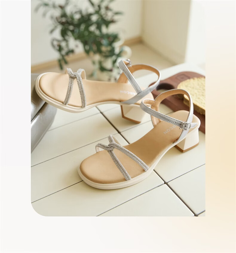 Eierkang Women's Silver One-Strap Block Heel Sandals French Style Commuter Elegant Mom Shoes 26123W Size 37 3
