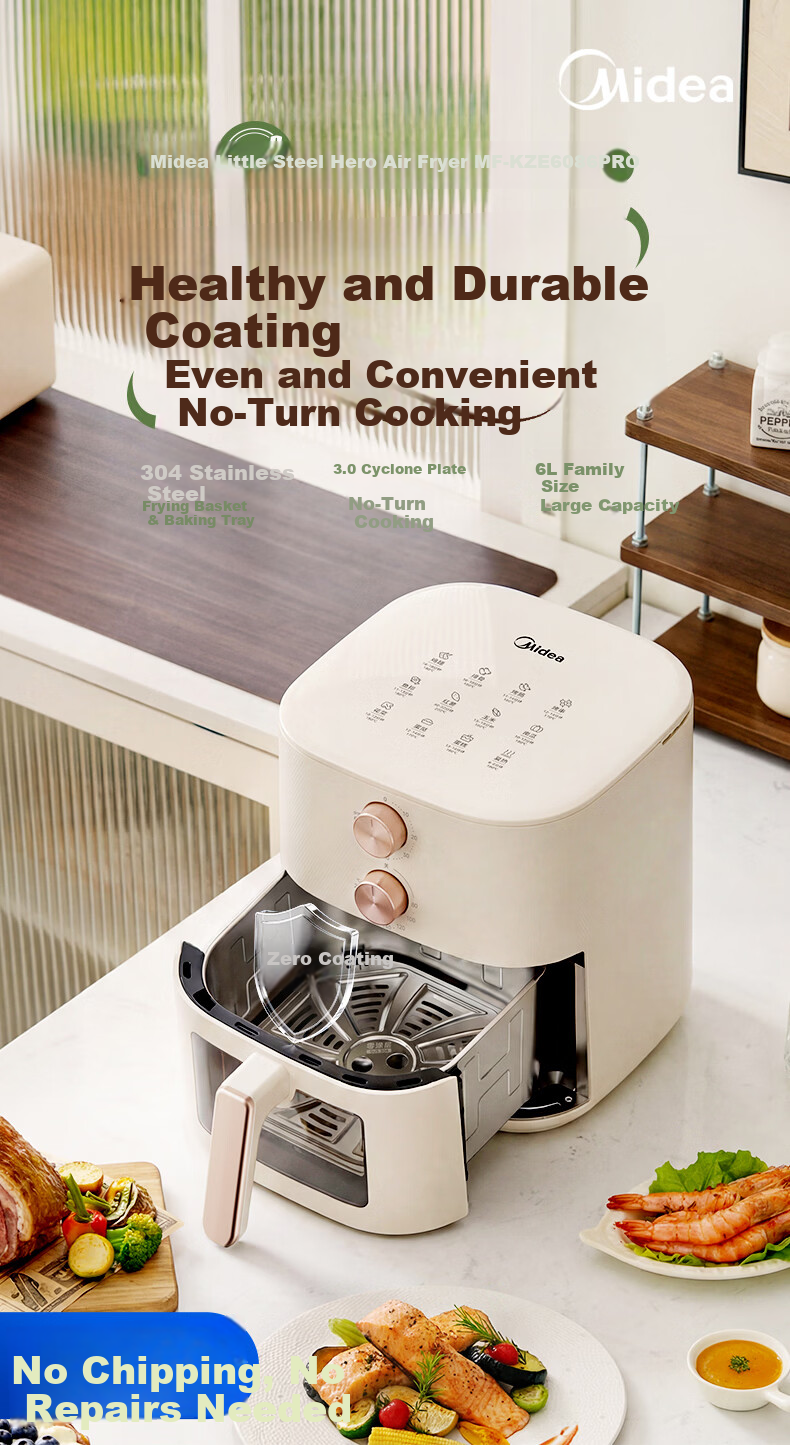 Midea 0-Coating Titanium Stainless Steel Air Fryer and Steamer Combo 2026 New Model Smart Dual Display Home Dual Heat Source Air Fryer 6.5L KZC6555J 3