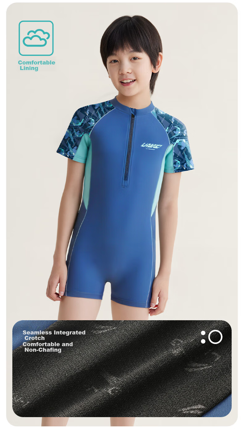 LI-NING Youth Boys Comfortable Sports One-Piece Short Sleeve Square Leg Professional Training Swimsuit 8511 Gray Green Size 150 6