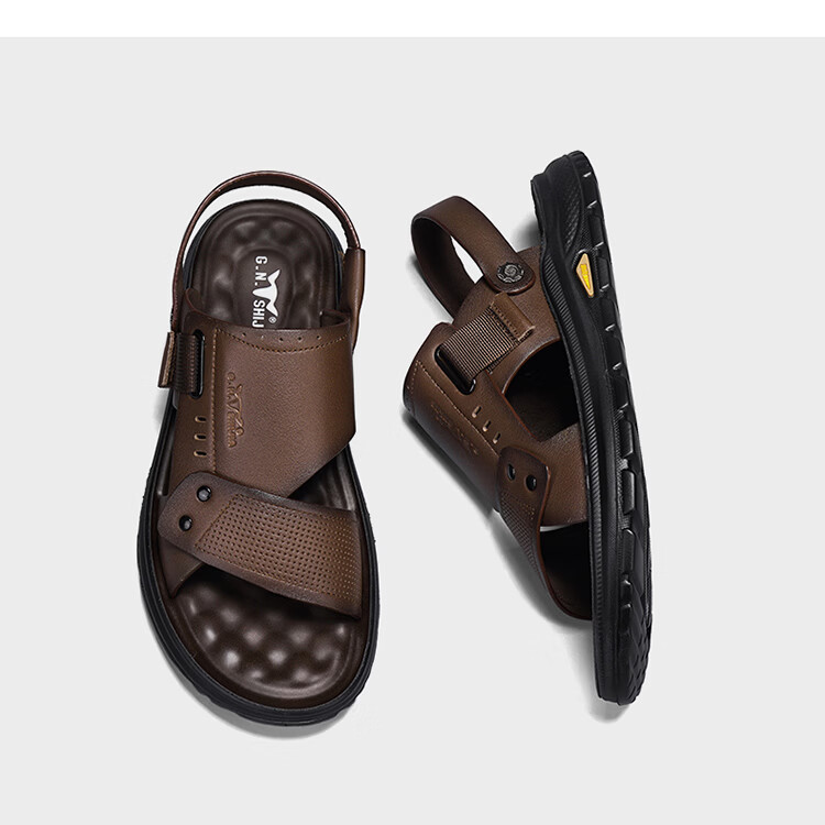 Bull Family Men's Leather Summer Sandals New Genuine Leather Thick Sole Beach Shoes Outdoor Dual-Wear Casual Slippers Middle-Aged and Elderly Dad Shoes 22