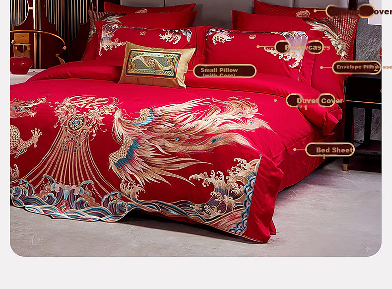 Shuixingjiafang Wedding Bedding Set of Four Pieces, 100S Long-Staple Cotton, Wedding Bed Sheet And Duvet Cover, Lace Jacquard Design, Wedding Gift for 1.8m Bed 15