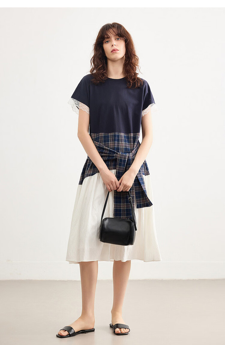 Demana Soft Cloud Oxygen Cotton Summer Korean Style Plaid Patchwork Lace Trim Elegant A-Line Mid-Length Dress for Women 16