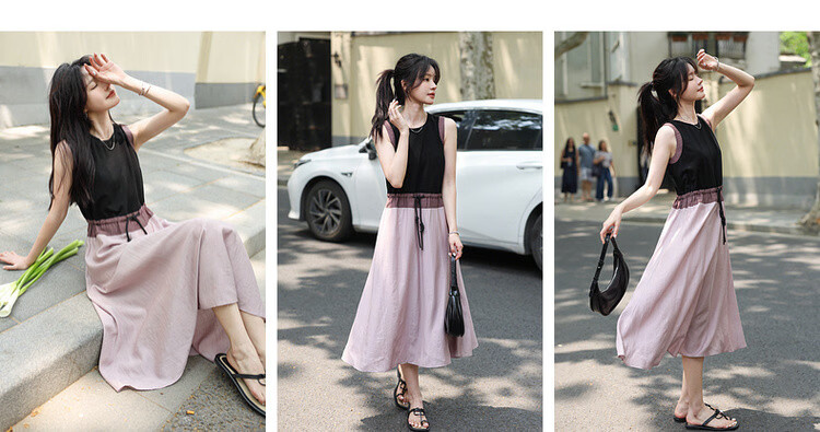 MT Relax Trio Summer Urban Colorblock Drawstring Crew Neck Sleeveless T-Shirt Style Long Dress for Women 4