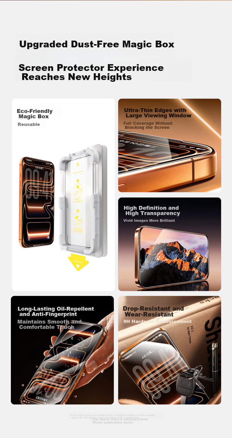 Pisen Tempered Glass Screen Protector for iPhone 15 Pro Max, Full Coverage, HD, Anti-Fingerprint, Drop Resistant, Dustproof, 2-Pack 2