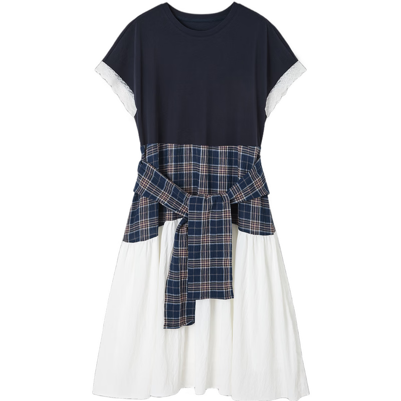 Demana Soft Cloud Oxygen Cotton Summer Korean Style Plaid Patchwork Lace Trim Elegant A-Line Mid-Length Dress for Women