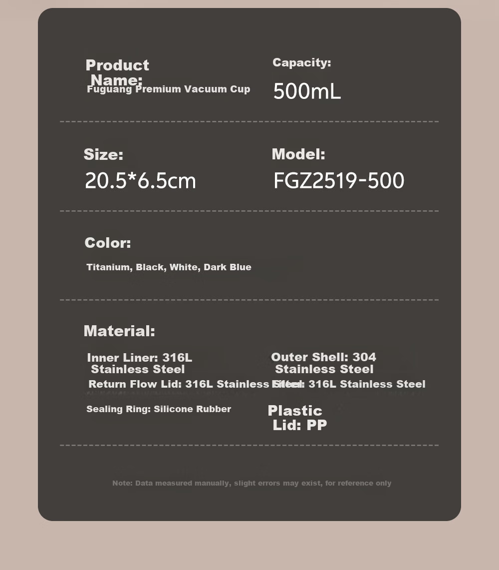 Fuguang 316L Stainless Steel Insulated Water Bottle Business Office Tea Cup Unisex Thermal Flask Straight Body Cup 14
