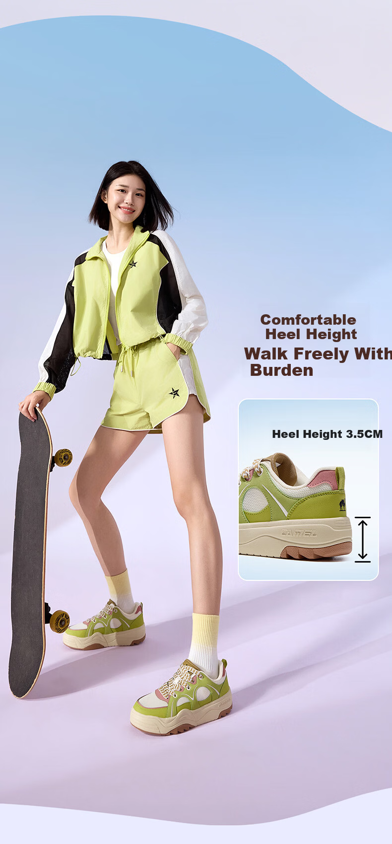 CAMEL Moon White 2nd Generation Casual Low-Top Sneakers Durable Sports Shoes for Women K26BX5L2065 Millet Yellow/Green Size 37 3