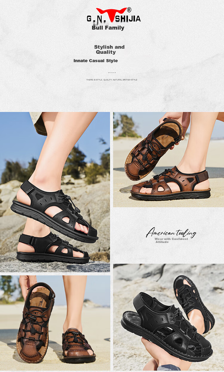 Bull Family Men's Summer Sandals Hollow Breathable Retro Thick Sole Durable Beach Shoes 2