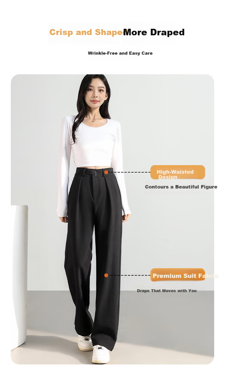 FitonTon Women's Black Early Autumn 2025 Draped Elegant Casual Wide-Leg Straight-Leg Trousers 1