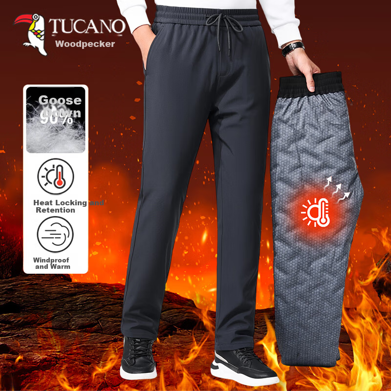 TUCANO Men's Winter Down Pants Thickened Warm Goose Down Casual Windproof Cotton High Waist Straight Leg Trousers