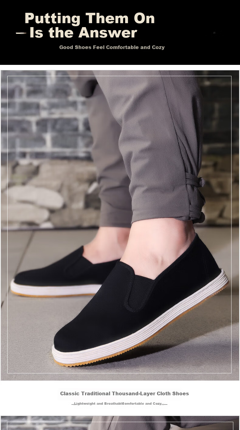 BUSHEYUAN Breathable Slip-On Traditional Beijing Cloth Shoes for Men, Chinese Style Thousand-Layer Sole Dad Shoes 9206 Black Size 41 7