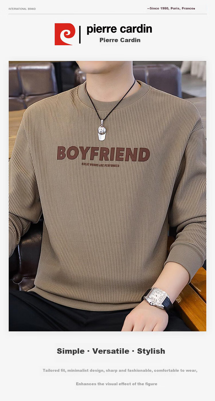 Pierre Cardin Men's Sweatshirt Spring Autumn Embroidered Heavyweight Long Sleeve T-Shirt Casual Base Layer Khaki M 1