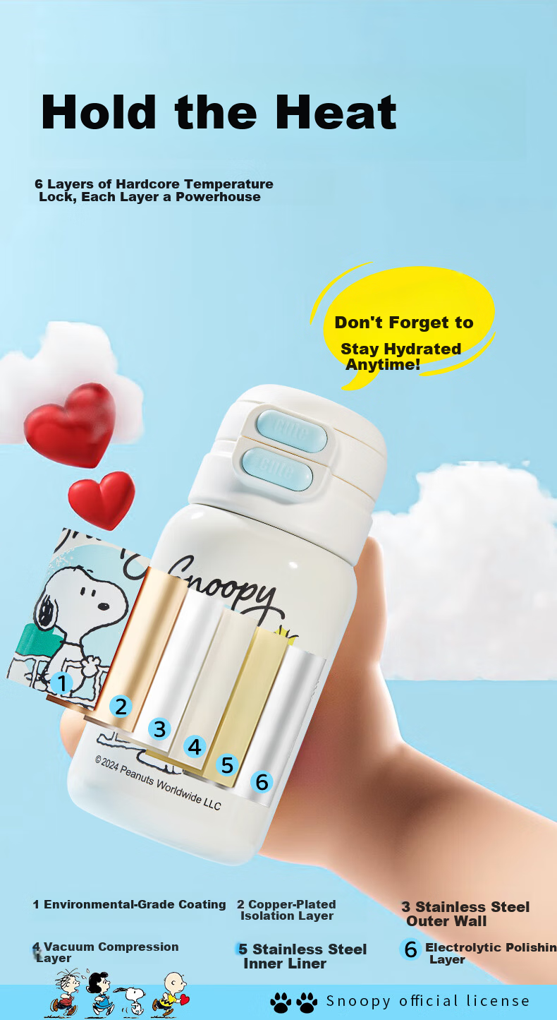 SNOOPY Insulated Water Bottle for Kids, Stylish 316 Stainless Steel Large Capacity Tumbler for 6-12 Year Old Students, Girls' Portable Straw Cup 5