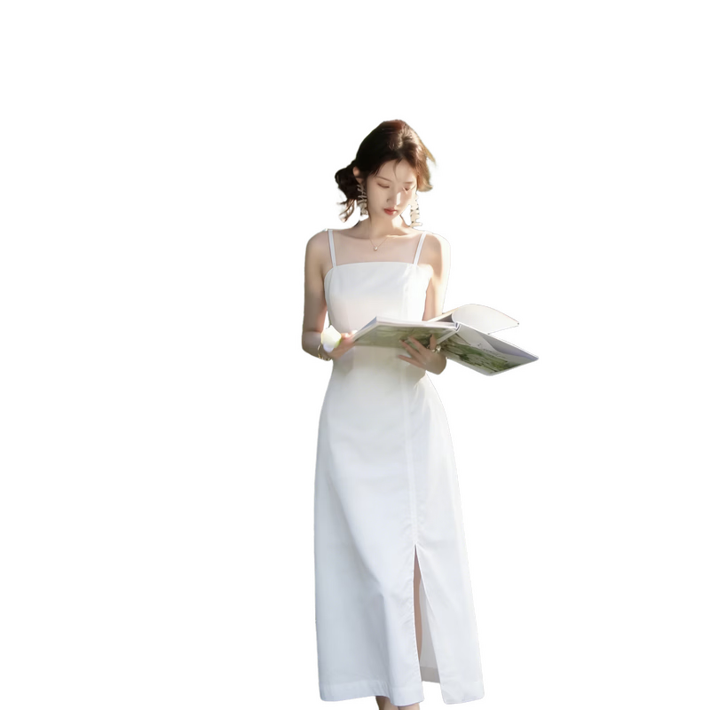 MT Oxygen Pure Cotton Summer Elegant Split Strap Mid-Length Flared Dress Slim Fit High-End Women