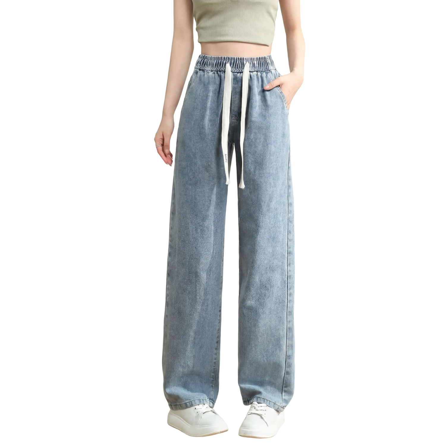 TUCANO Women's Light Blue High-Waisted Loose Fit Slimming Wide-Leg Casual Comfortable Straight-Leg Jeans, Size L