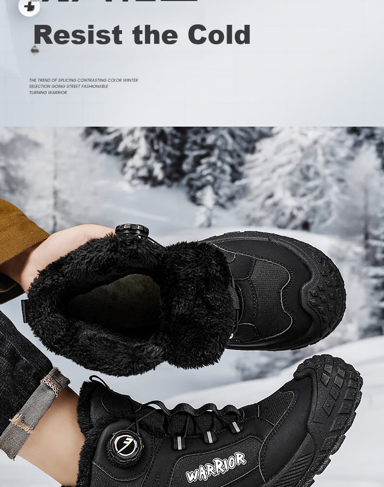 Warrior Men's Snow Boots 2025 Winter New Warm Fleece Thickened Cotton Shoes Black Size 39 2