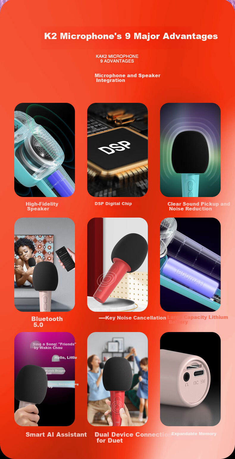 Aigo K2 China Red Wireless Microphone Home KTV Voice Changer Karaoke Speaker TV Douyin Live Noise-Cancelling Bluetooth Singing Handheld Microphone All-in-One Entertainment System 3