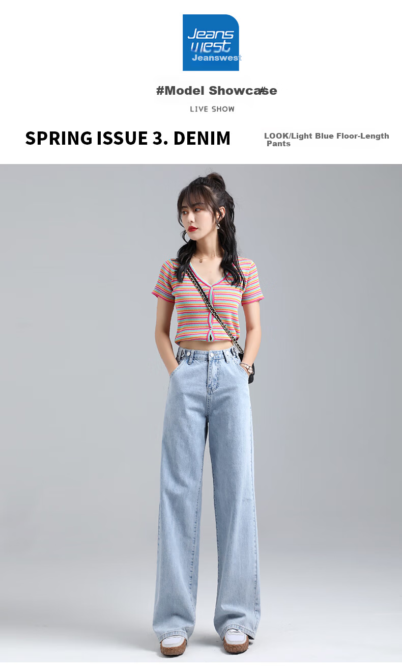 Jeanswest Women's Summer Thin High-Waist Wide-Leg Slim Straight-Leg Light Blue Jeans S 16