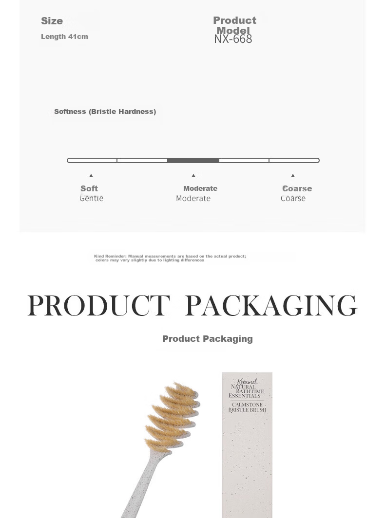 KRRAMEL Exfoliating Bath Brush Natural Boar Bristle Long Handle Cat Design Pebble Pinecone Boar Bristle Bath Brush White 14