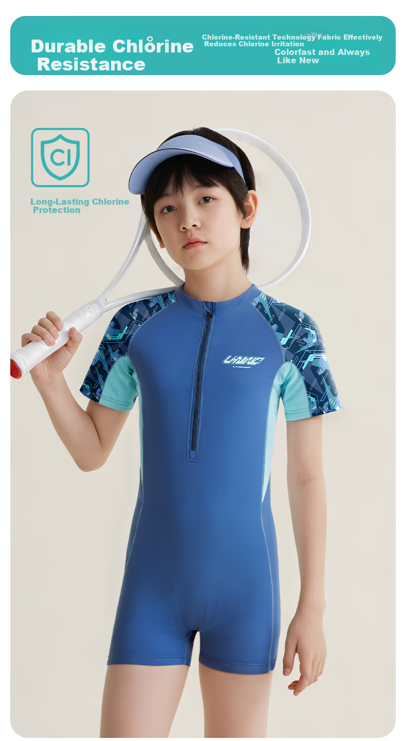 LI-NING Youth Boys Comfortable Sports One-Piece Short Sleeve Square Leg Professional Training Swimsuit 8511 Gray Green Size 150 4