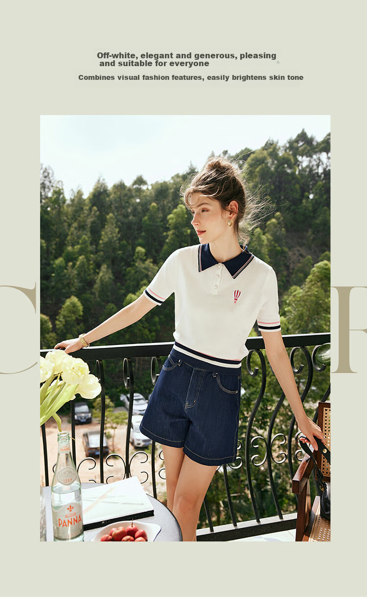 Olrain Eurielle French Style Polo Collar Short Sleeve Knit Top Summer Women's Loose Fit College Style Shirt Off-White L 11