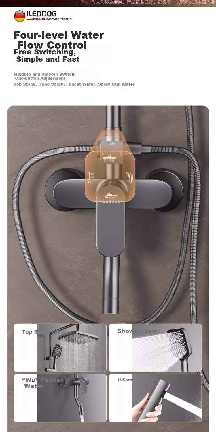 ILeddog [Germany] All-Copper Body Shower Set, Pressure-Boosting Overhead Adjustable Shower Head, Snowflake Spray Showerhead 9