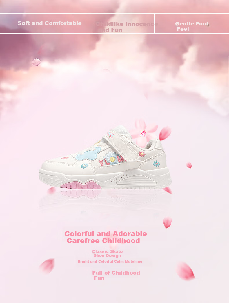 XTEP Kids Girls Flower Velcro Leather Panel Shoes Sail White/Peach Pink Size 28 2