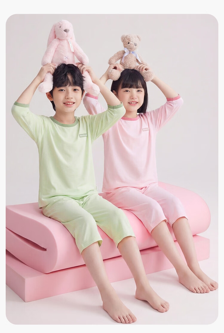 Hodo Kids Loungewear Unisex Lyocell Pajama Set Student Three-Quarter Sleeve Air Conditioning Clothes Sakura Pink 130 8