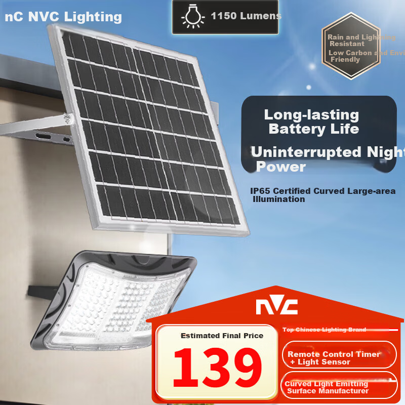 NVC Solar Outdoor Lighting Floodlight Street Light Remote Control Light Sensor High Brightness 1150lm Covers Approximately 55㎡ with Light Control and Remote Control